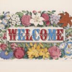 red and blue WELCOME letters surrounded by flowers on a beige background, dentist in euless