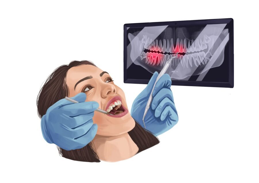 woman at dentist for limited exam getting tooth checked for signs of root canal